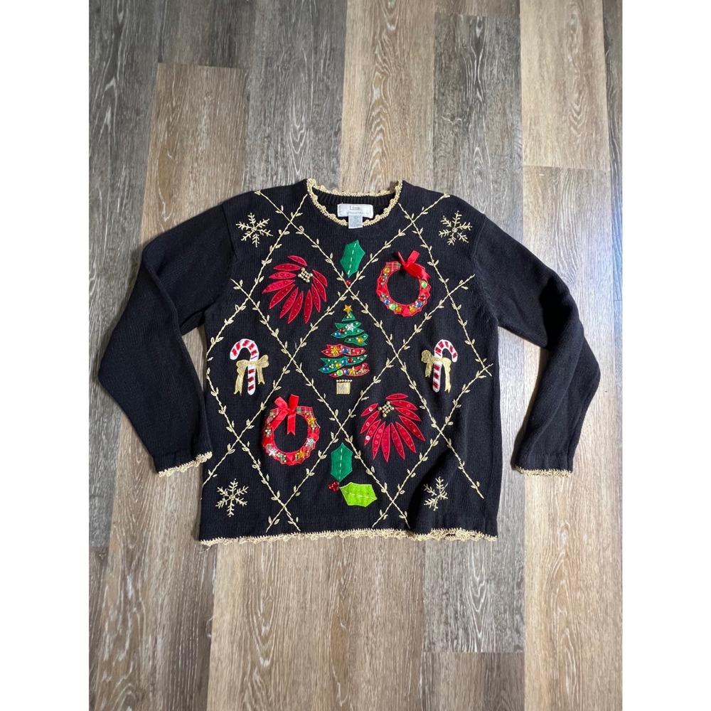 Lisa International Christmas‎ Sweater Womens Large Black Vintage Holiday